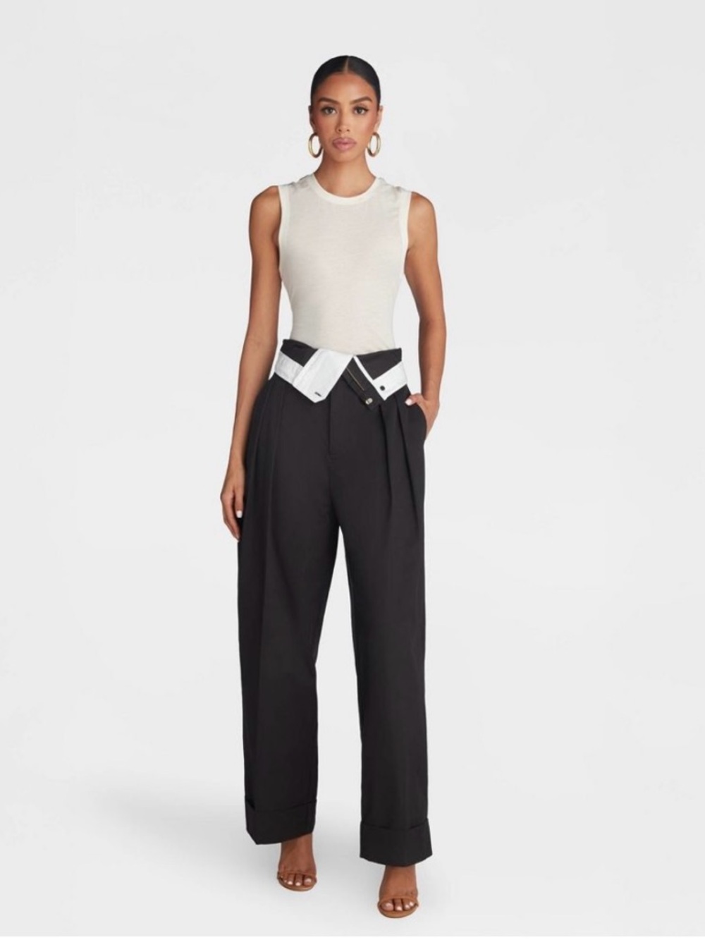 Wide-Leg High-Waist Black Trousers with Contrast Waist Panel